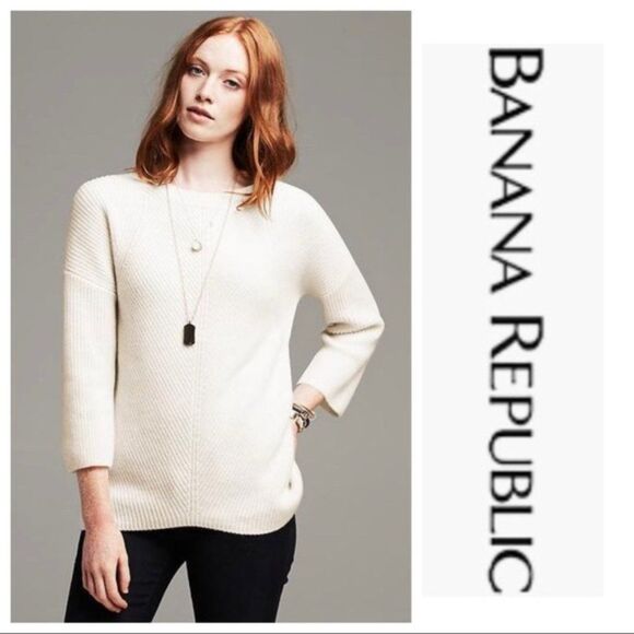 Banana Republic Ribbed 100% Cashmere Pullover Tunic 3/4 Sleeves - Off White - XS - Picture 1 of 8